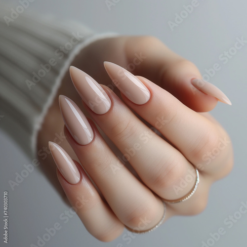 manucure nail art beige ongles acrylique forme stiletto, couleur nude beige rosé. Plan rapproché sur les ongles devant le pull. photo
