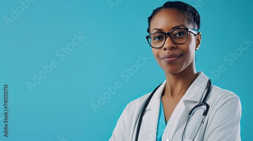 Jeune médecin noire souriante sur fond bleu » IA générative © Maelgoa