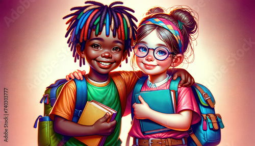 Two happy children, African boy with vibrant dreadlocks and European girl with glasses, ready for school with backpacks and holding books, symbolizing friendship and joy in learning. Back to school
