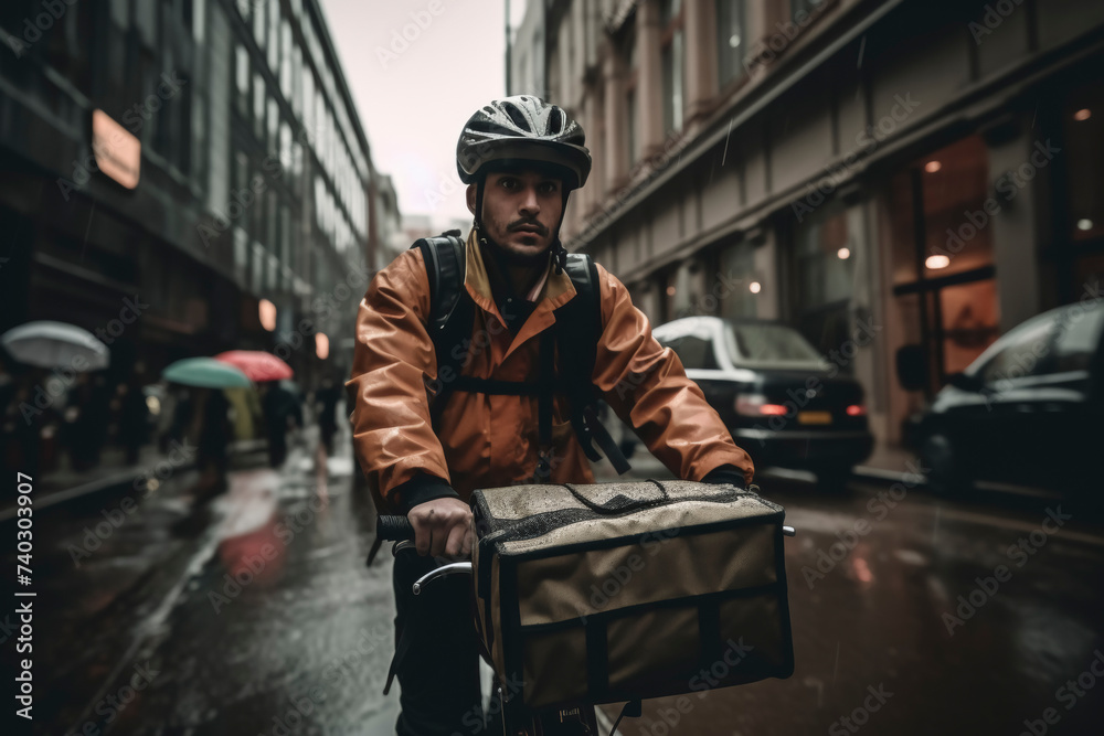 Urban Food Delivery Cyclist in Rain