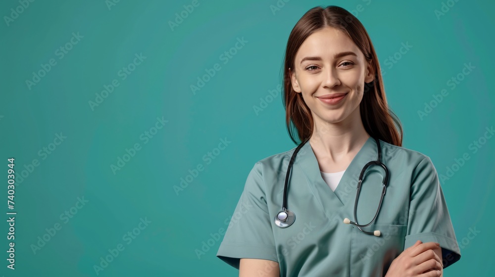 Jeune infirmière brune souriante sur fond turquoise » IA générative - obrazy, fototapety, plakaty 