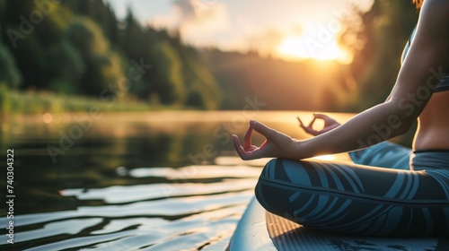 Femme pratiquant le yoga sur un paddle au coucher du soleil » IA générative photo