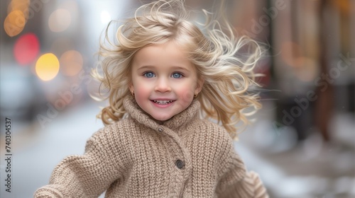 Joyful toddler girl smiling with windswept hair in urban setting