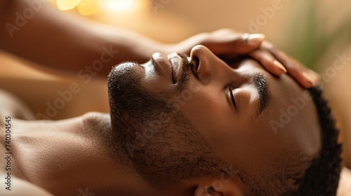 Jeune homme noir se faisant masser le visage dans un salon de massage » IA générative photo