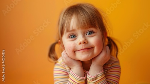 cute mischievous girl on a bright yellow background, cheerful child and happy childhood