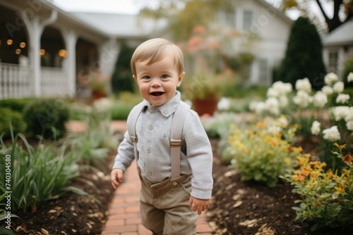2-year-old boy, baby among flowering flower beds in the garden