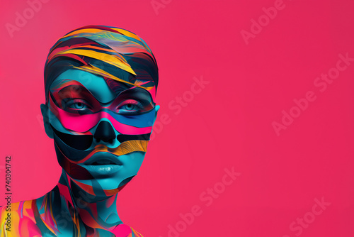 visage de femme aux yeux bleus  peint avec de la peinture en bandes jaune  noir  vert  bleu  rose  etc  pour un spectacle  Bodypaint  Bodypainting  maquillage de sc  ne  spectacle