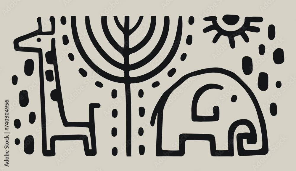 Obraz premium An elegant herbivore with a long neck. Poster with animals of Africa. Illustration in cartoon style. Children's drawing of a giraffe and an elephant for design. Stylized sun with tree. Folk art.