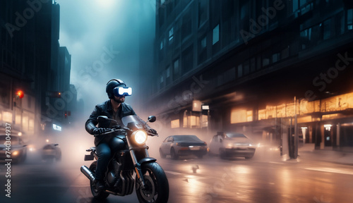 male motorcyclist wearing virtual reality glasses rides around the city on a motorcycle. Virtual driver assistant