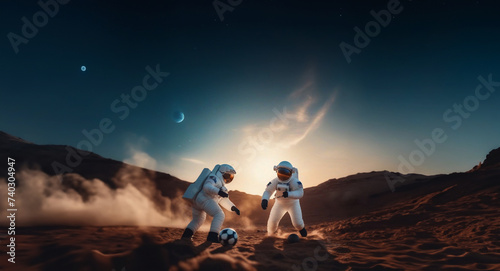 astronauts in overalls and helmets play football on an uninhabited planet in space.