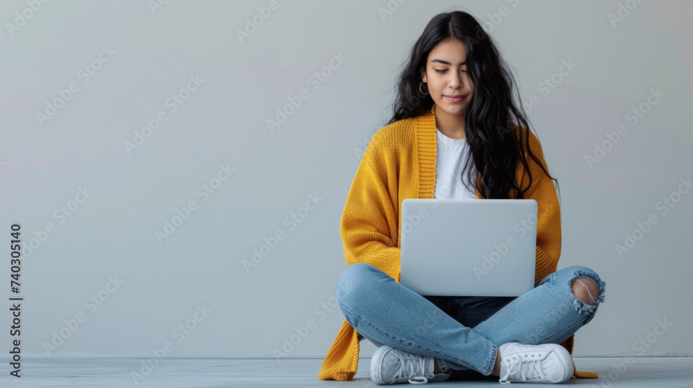 A young woman in a yellow sweater and jeans sits on the floor with her legs crossed, engrossed in her laptop. A young woman in a yellow sweater and jeans sits on the floor with her legs crossed, engrossed in her laptop.