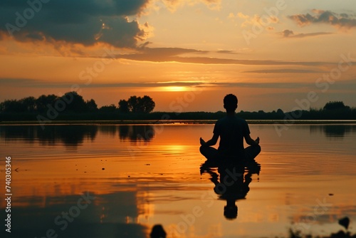Homme lors d'une séance de yoga dans un lac au coucher du soleil » IA générative