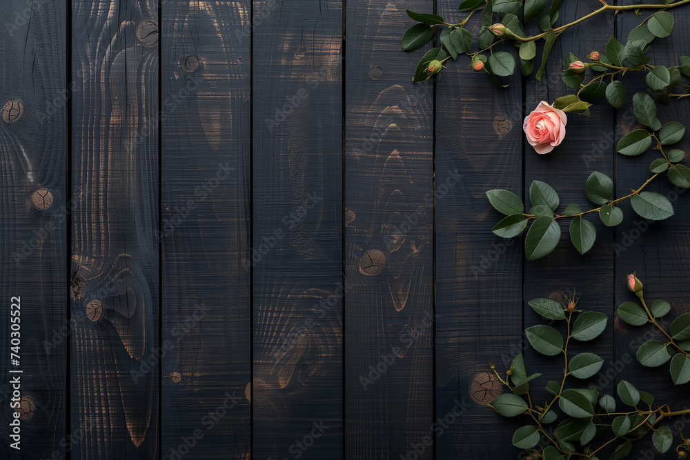 rose rose avec du branchage et des boutons de roses fermés sur un fond en bois foncé avec espace négatif pour texte copyspace, pour fleuriste, botaniste,  - obrazy, fototapety, plakaty 