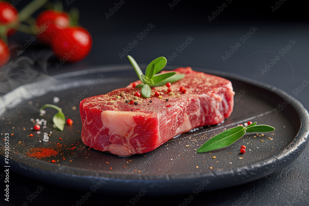 A succulent piece of raw steak, generously seasoned, sits on a dark plate, ready for cooking. Fresh herbs and spices enhance the visual appeal, promising a flavorful experience. A succulent piece of raw steak, generously seasoned, sits on a dark plate, ready for cooking. Fresh herbs and spices enhance the visual appeal, promising a flavorful experience.