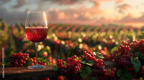 Wineglass with red wine in vineyard at sunset, closeup