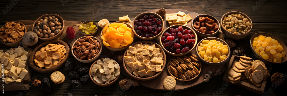 Elegant Display of Assorted Gluten-Free Snacks with Fresh and Dried Fruits on a Wooden Set-Up