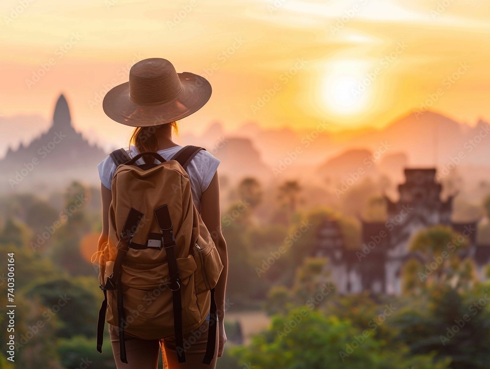 Solo Female Traveler Embracing Freedom at Sunrise Beside Iconic Landmark