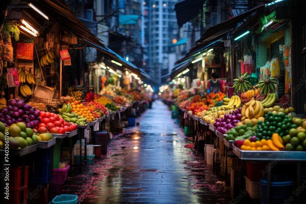 Vietnamese street market, abundant stalls and traders selling wares, early morning