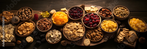 Elegant Display of Assorted Gluten-Free Snacks with Fresh and Dried Fruits on a Wooden Set-Up