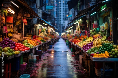Vietnamese street market, abundant stalls and traders selling wares, early morning © Iuliia