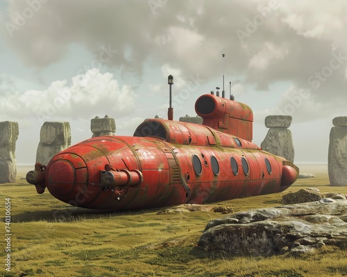 Red Abandoned Submarine in Green Field