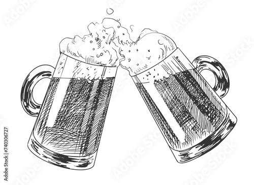 Two clinking mugs of beer with a splash of foam. Engraved illustrations for pub menu. Oktoberfest vector illustration. Sketch style glasses of foaming beer isolated on white background.