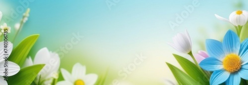 Banner with spring flowers on a blue background with free space