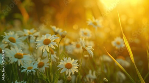 Daisy flowers blooming sunset background