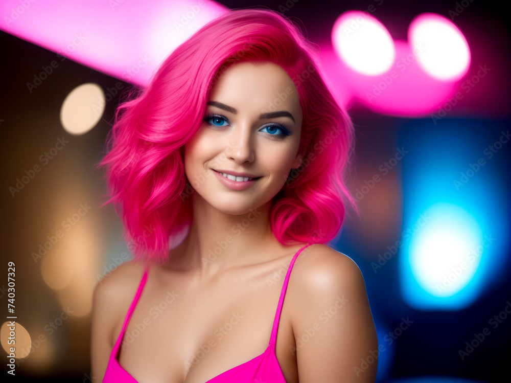 Close up of woman with pink hair and blue eyes wearing pink bra.