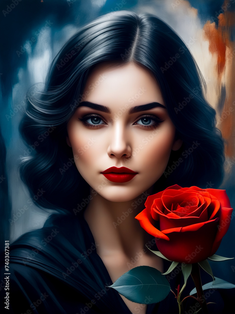 Painting of woman with red rose in her hand and red rose in her other hand.