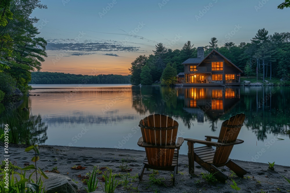 Fototapeta premium lakeside cabin retreat in the woods