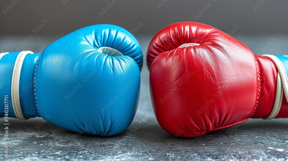 Close-up of red and blue boxing gloves touching in competition concept