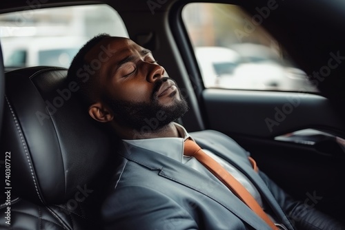 Businessman Resting in Car. Exhausted African American businessman in a suit taking a rest in the backseat of a car.