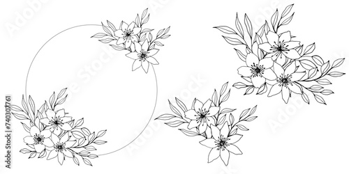 vector wreath with flower, leaves and branch. Elegant round frame with space for text. ink hand drawn monochrome botanical illustration for backgrounds. Template for wedding cards, polygraph, logo.