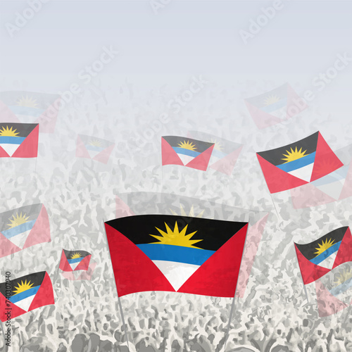 Crowd of people waving flag of Antigua and Barbuda square graphic for social media and news.