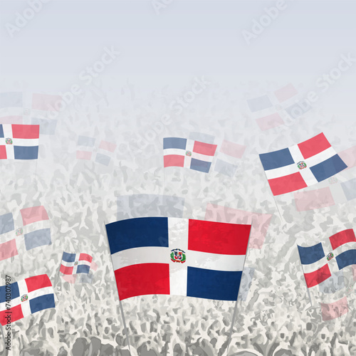 Crowd of people waving flag of Dominican Republic square graphic for social media and news.