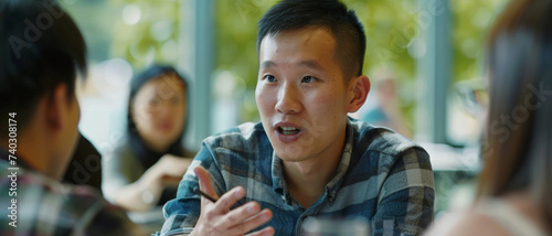 Engaged Asian man articulating his point in a vivid discussion at a lively group meeting photo