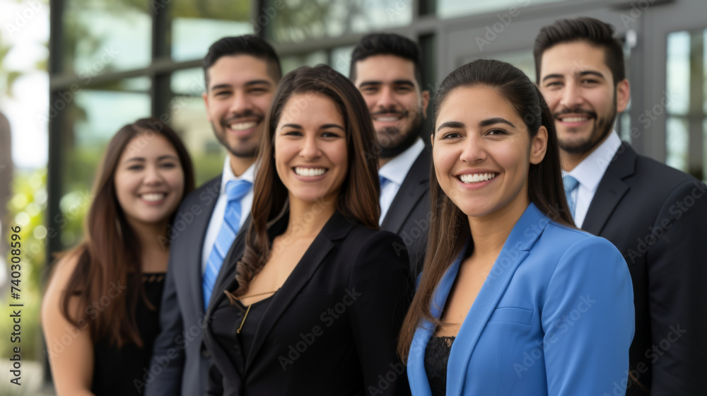 group of professional individuals, likely a business team, standing together and smiling at the camera. group of professional individuals, likely a business team, standing together and smiling at the camera.
