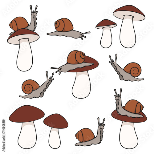 Set of color illustration with snail and mushroom. Isolated vector objects on white background.
