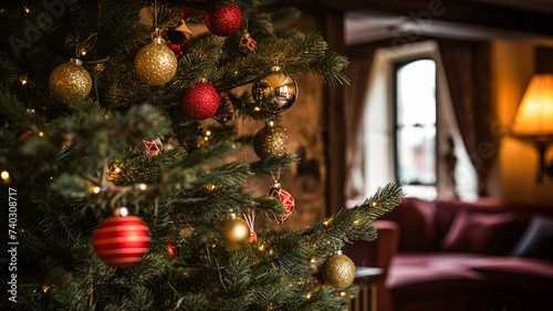 Christmas tree decorations for the English country cottage, home decor, house in the countryside and holiday celebration © Anneleven