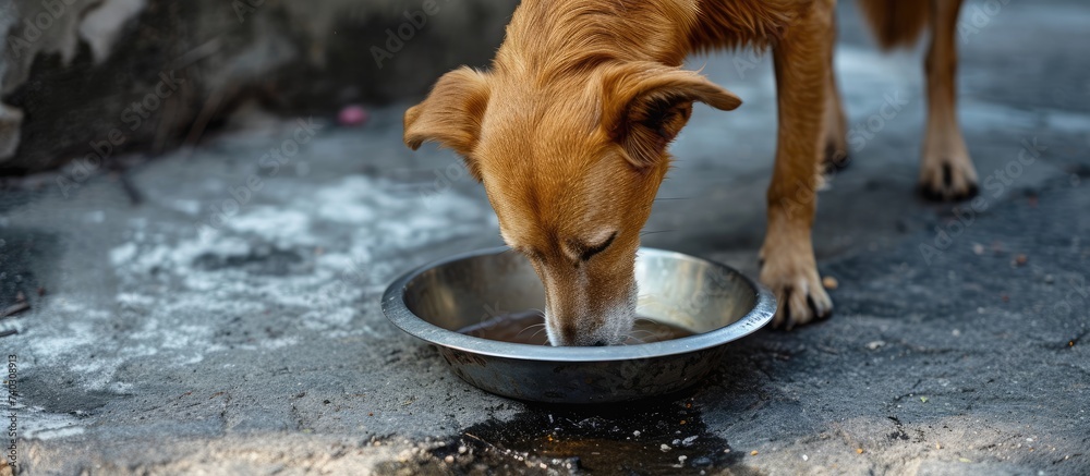 A famished or parched canine retrieving a metal dish to obtain food or liquid by drinking water from it. - obrazy, fototapety, plakaty 
