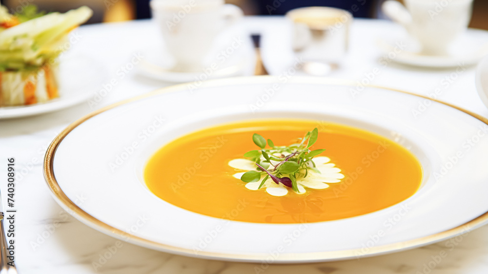 Vegetable soup in a restaurant, English countryside exquisite cuisine menu, culinary art food and fine dining Vegetable soup in a restaurant, English countryside exquisite cuisine menu, culinary art food and fine dining