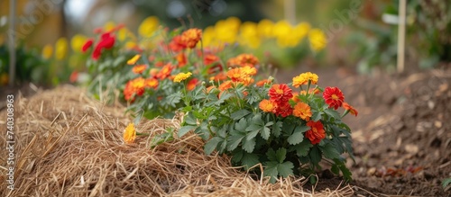 A colorful bunch of flowers, including strawberry plants growing on French marigold flowers, surrounded by straw mulch and requiring removal of dry foliage and garbage for proper garden maintenance. photo