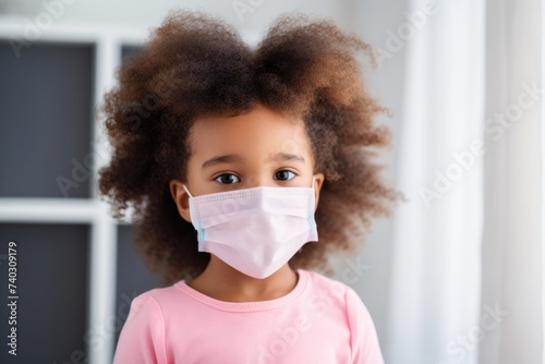 Little Girl with Pink Protective Face Mask. Portrait of a young girl with curly hair wearing a pink protective mask.