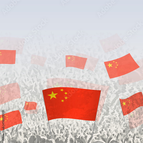 Crowd of people waving flag of China square graphic for social media and news.