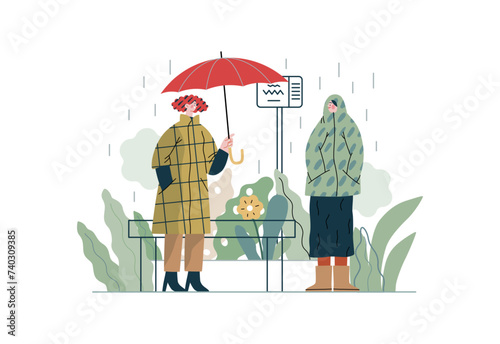 Mutual Support: Offer an umbrella to a stranger -modern flat vector concept illustration of a at a bus stop in the rain offering an umbrella A metaphor of voluntary, collaborative exchanges