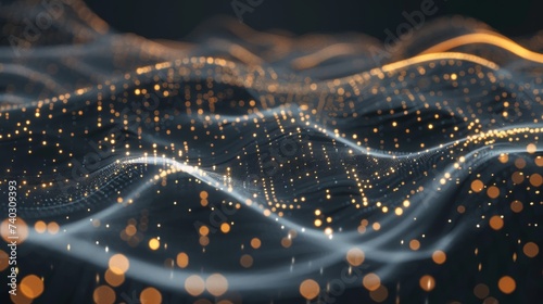 Abstract digital landscape with orange and gold particles. Futuristic glowing wave network on a dark background. Dynamic flow of glowing particles in a technology concept design.