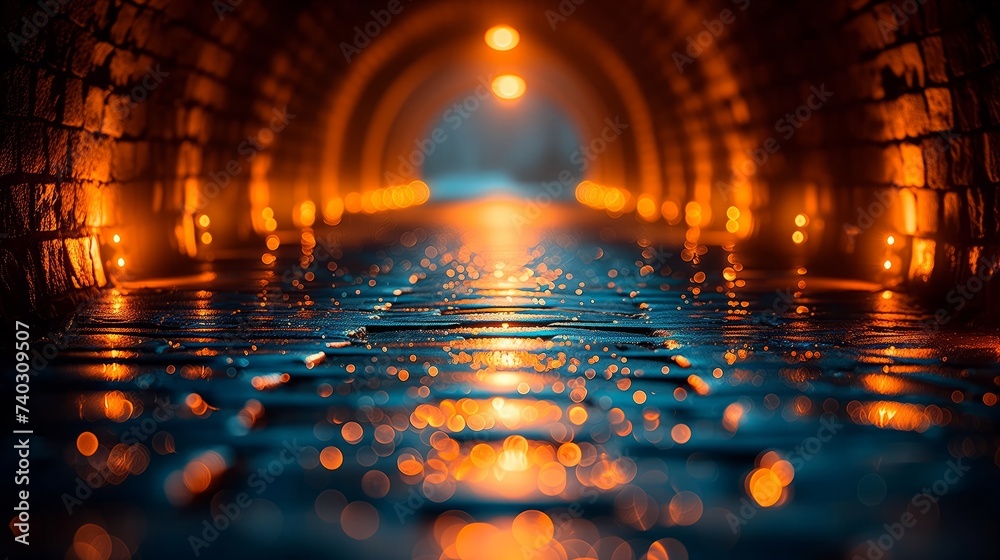 Mystical tunnel with glowing lights and reflective wet surface