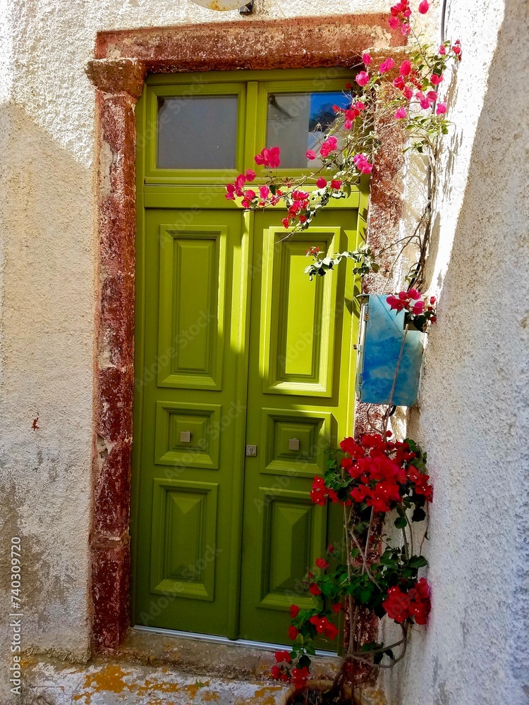 Green Door with Flowers - Greece