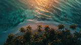 Tropical beach aerial panorama view with palm trees, sea or ocean water under sunset sky